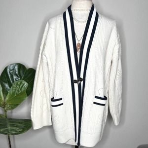 SANDRO PARIS "Pointelle Knit Coatigan" Cardigan Cable Nautical Trim